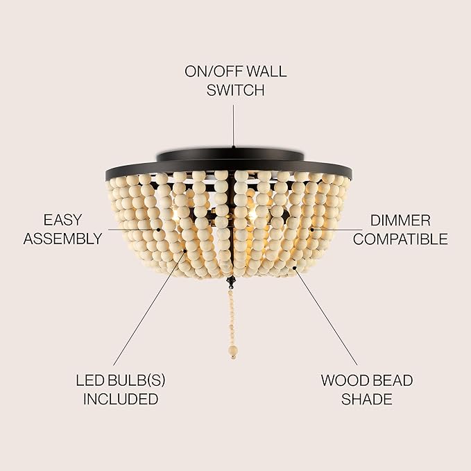 JONATHAN Y 15" Oil Rubbed Bronze/Cream Allison 3-Light LED Flush Mount Ceiling Light for Bedroom, Wood Beaded Shade Shabby Chic Farmhouse Rustic Decor, LED Bulbs Included (JYL9019B)