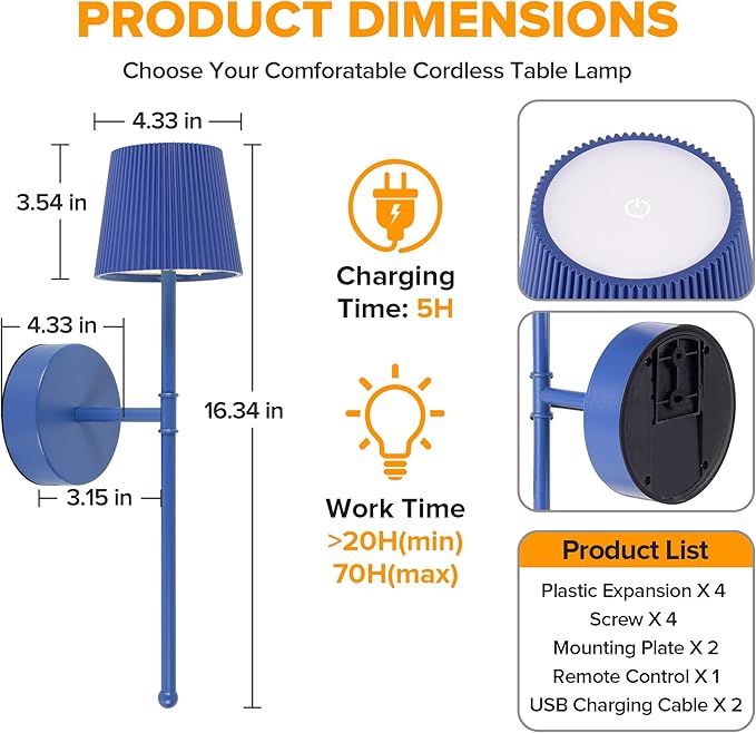 LUTEC Cordless Wall Sconces Set of 2, 5200mAh Wireless Rechargeable Battery Operated LED Wall Lamps, 3 Color Stepless Dimming Portables Lightings for Wall Painting/Living Room/Bedroom/Hallway Decor