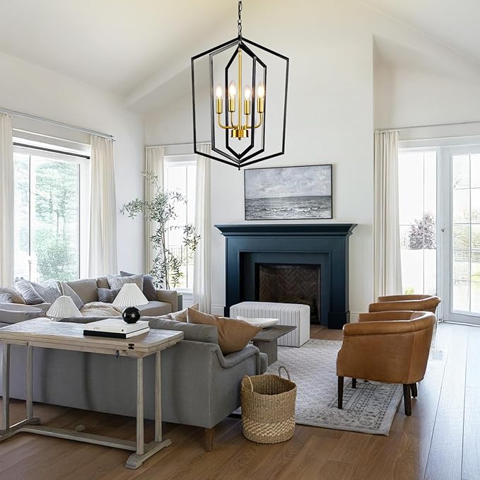 WJShome 18.1" Black and Gold Chandelier, 4-Light Farmhouse Dining Room Light Fixture, Modern Foyer Lighting Fixtures, Rustic Lantern Pendant Light, for Kitchen Island,Staircase,Entryway