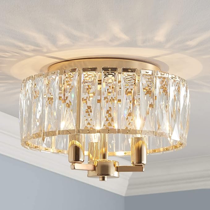 AGV LIGHTING CL002G Crystal Semi Flush Mount Ceiling Light Fixture, E12 Base 3-Lights, D13 x H15, Shine Gold Finish