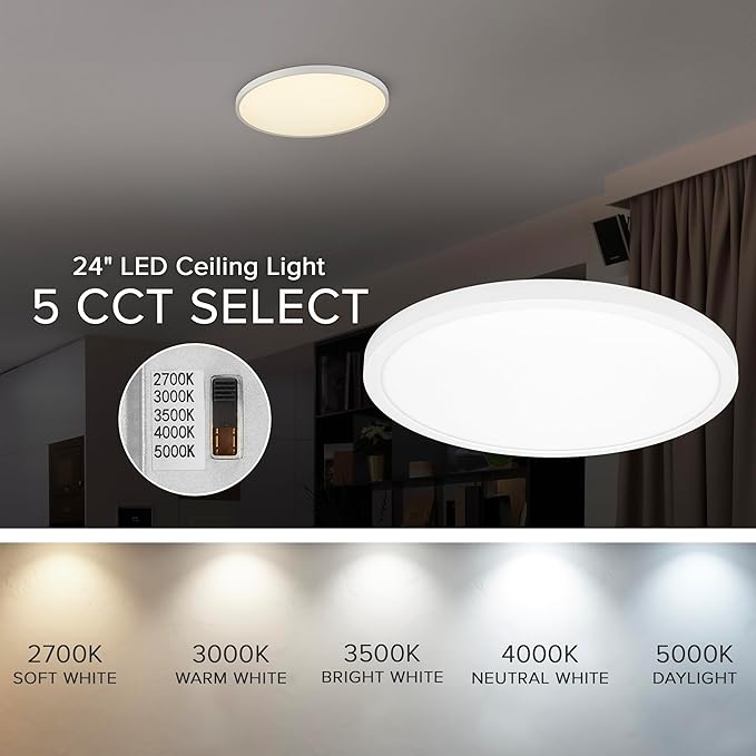 Maxxima 24 in. LED Flush Mount Ceiling Light Fixture - 3300 Lumens, 5 CCT 2700K/3000K/35000K/4000K/5000K, Round Color Selectable Panel Light, Dimmable, Suitable for Bathroom or Shower