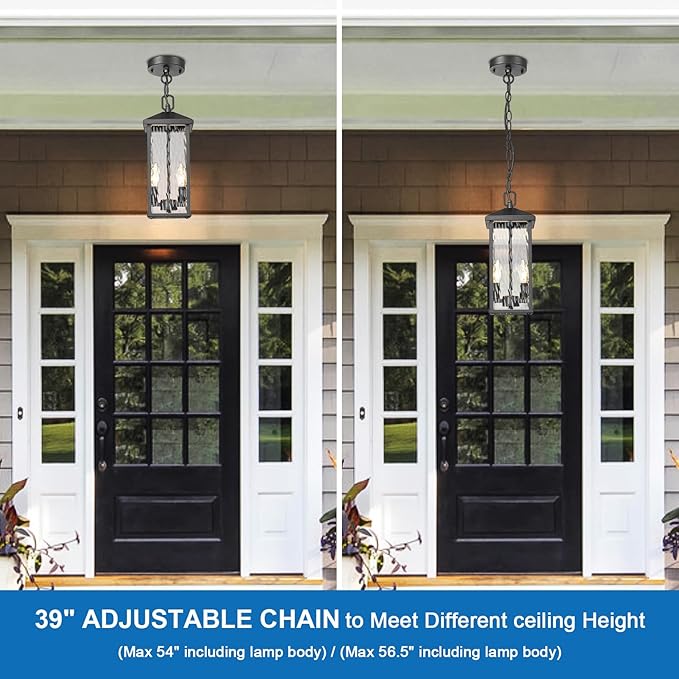 Outdoor Pendant Lights for Porch Chandelier Outdoor Pendant Lights Dusk to Dawn, 2-Light Modern Hanging Porch Lights Exterior Hanging Light Fixture with Water Ripple Glass for Patio Gazebo