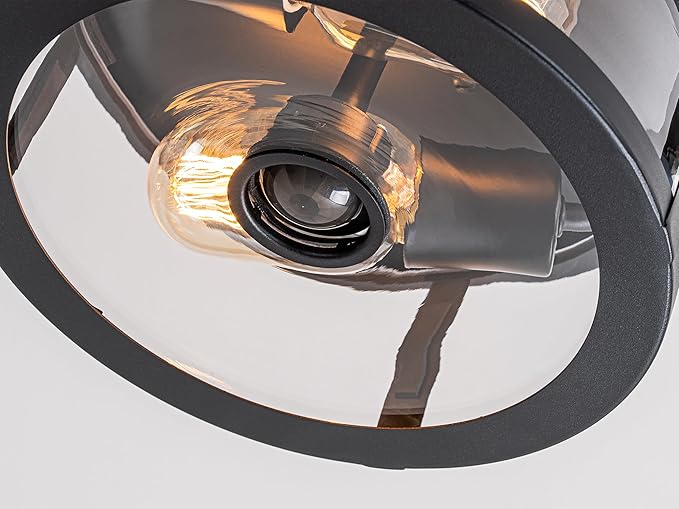 Flush Mount Outdoor Ceiling Light with Motion Sensor, Front Porch Light Ceiling Mount, Adjustable Sensor 2-Light Black Ceiling Light Fixture with Clear Glass, for Patio, House