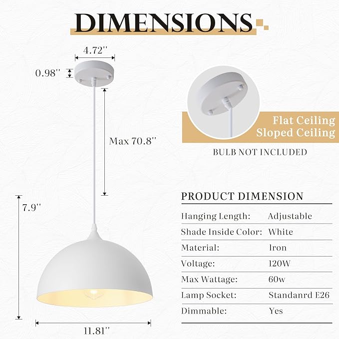 White Pendant Lights, 11.8 inch Pendant Lights Kitchen Island, Farmhouse Pendant Light Fixtures (White Inside), Industrial Pendant Lighting for Dining Room, Bedroom, Hallway (1 Pack)