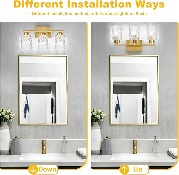 Brushed Gold Bathroom Light Fixtures, 3-Light Modern Bathroom Vanity Wall Light, Vanity Lights for Mirror, Wall Sconces with Clear Textured Glass (E26 Socket, Bulbs Not Included)