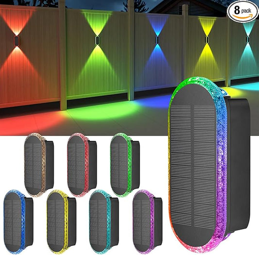 Ellasay Solar Fence Lights Backyard: 8-Pack Fence Lights Solar Powered 8 WRGB Color Modes - Up & Down Waterproof Solar Wall Lights for Outdoor/Yard/Poolside/Porch/Patio/Railing