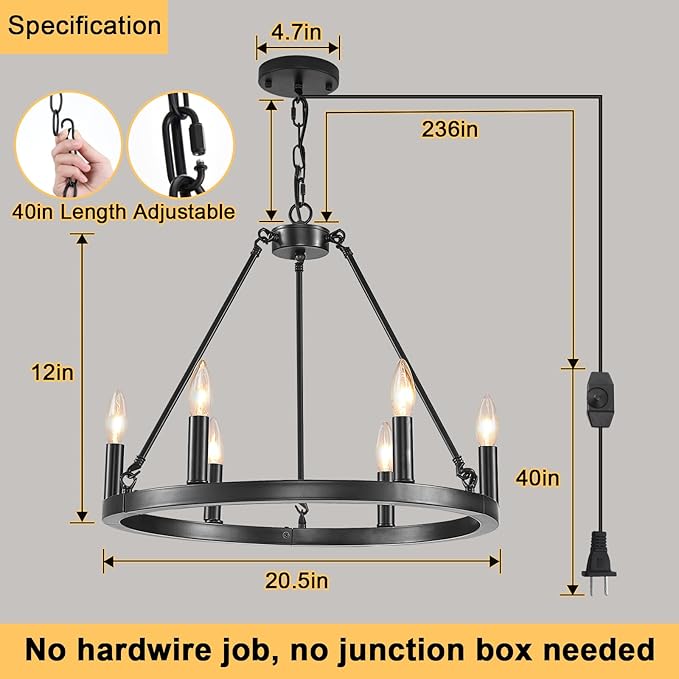HOXIYA DIMMABLE 6 Lights Plug in Wagon Wheel Chandelier, 20.5" Black Round Pendant Light with Long Cord, Farmhouse Rustic, Height Adjustable Hanging Lights Fixture Outdoor Ceiling Lights for Entryway