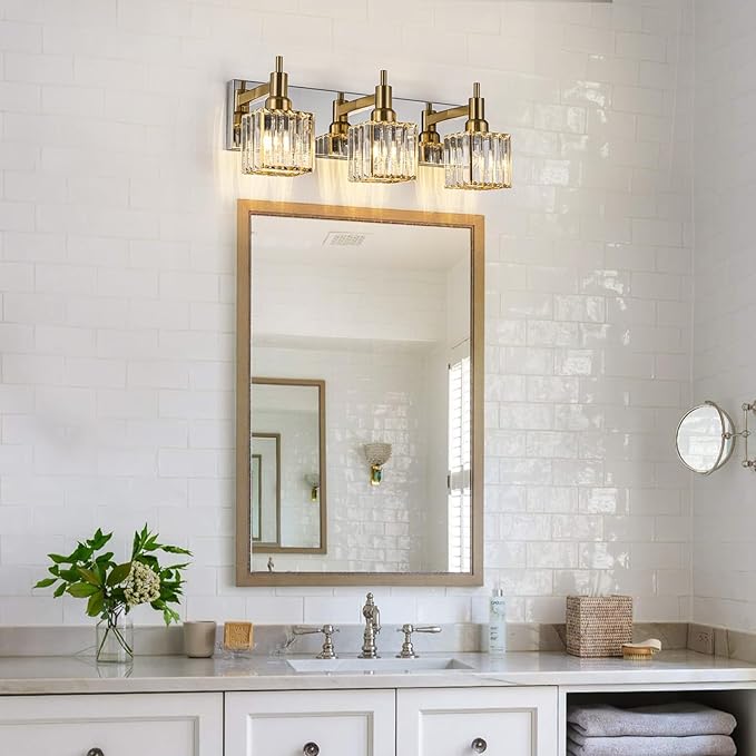 Crystal Bathroom Vanity Light Gold Chrome 3-Light Modern Bathroom Lighting Fixtures Over Mirror Square Wall Sconce