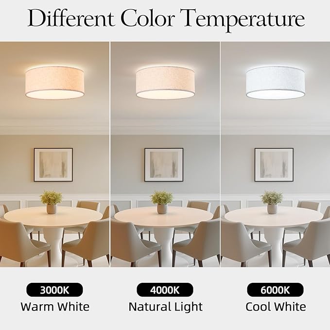 15.7-inch Modern Ceiling Light with Natural Linen Shade, Three-Light recessed Drum Fixture, UL-Certified for bedrooms, Kitchens, Living Rooms, hallways, and porches.