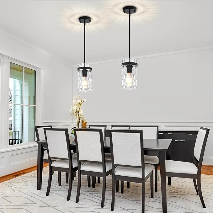 Modern Black Pendant Lights Kitchen Island, Hammered Glass Kitchen Pendant Lighting Over Island Adjustable Hanging Hallway Light Fixtures Mini Chandelier for Dining Room Bathroom Entryway