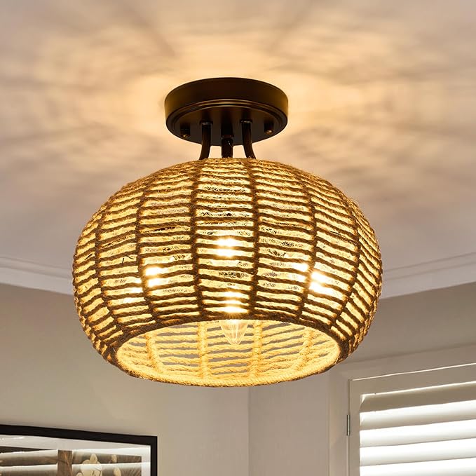 XSDeTu Boho Light Fixtures Ceiling Mount, 4-Light Farmhouse Hemp Rope Flush Mount Ceiling Light, Rustic Hand Woven Chandelier, Coastal Close to Ceiling lamp for Bedroom Hallway Entryway Kitchen