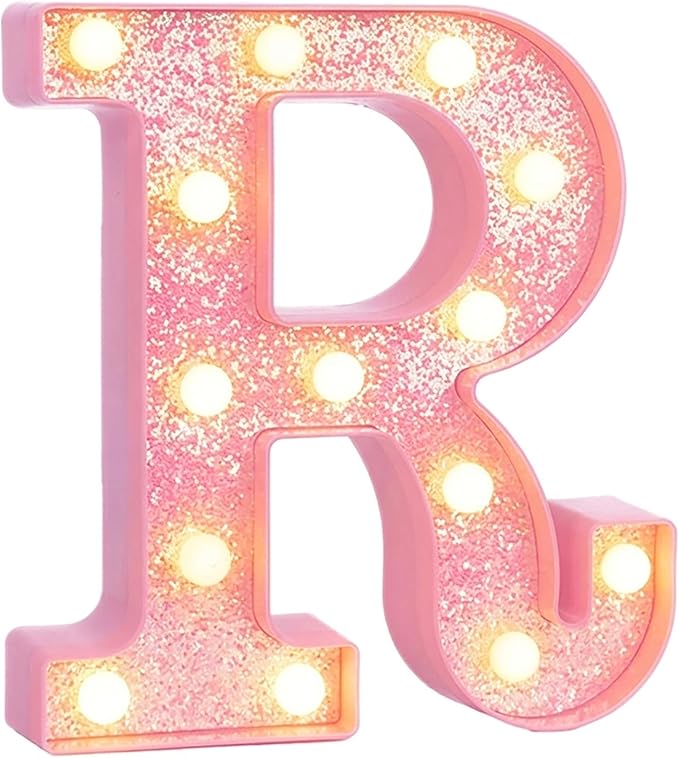 Pink Marquee Light Up Letters, Glitter Alphabet LED Letter Lights for Pink Birthday Party Decorations, Battery Operated Letter Sign for Girls Room Vanity Table Decor, Warm White Lights Letter R