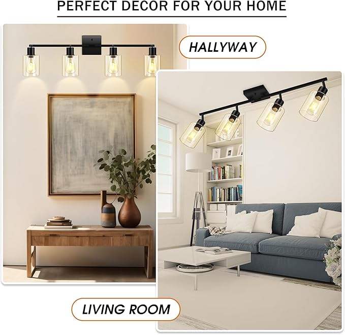 4-Light Track Lighting Fixtures with Seeded Glass Shade, Modern Kitchen Lighting Fixtures Ceiling, Rotatable Track Head, Wall Mount Ceiling Light for Bedside Hallway Bedroom, Matte Black
