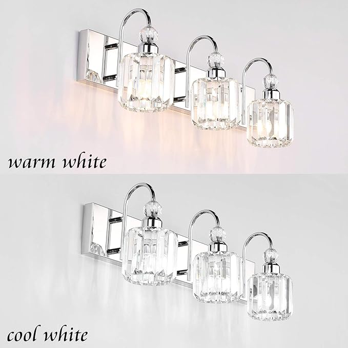 Ralbay Modern LED Crystal Bathroom Vanity Lights 3-Lights Stainless Steel Crystal Vanity Lights Over Mirror Modern Crystal Bathroom Vanity Lighting Fixtures