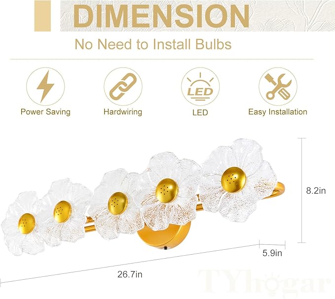 26.7" Gold Bathroom Light Fixtures 5 Light Floral Vanity Lights, 3-Color Dimmable Bathroom Vanity Light Elegant Led Wall Lights Cordless Wall Sconces for Decor,Bathroom,Livingroom