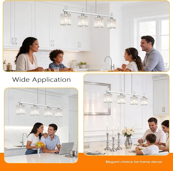 Lxybcce 32" Crystal Island Light for Kitchen Over Table, 4-Light Chrome Linear Pendant Light for Dining Room, Modern Ceiling Hanging Chandelier with Adjustable Height & Clear Crystal Shades, E26 Base