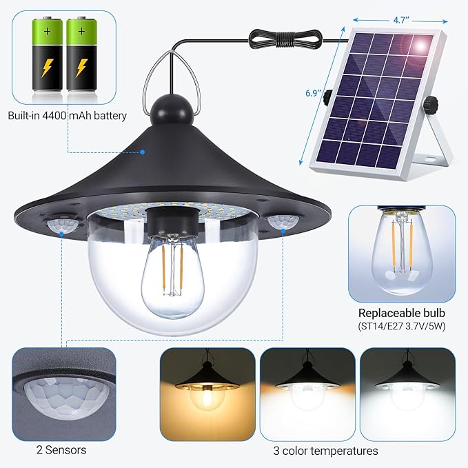 ropelux Solar Indoor Outdoor Shed Light with 3000LM 3 Color Temperatures 5 Modes (2 Daytime Available) Waterproof, Dual Motion Sensors Solar Powered Hanging Barn Light with Remote for Shed, 1 Pack