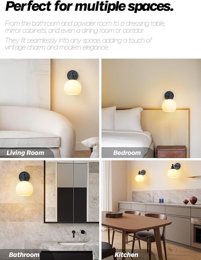 Wall Sconce Black Bathroom Light Fixtures with Milk Glass Modern Vanity Lights Vintage Sconces Wall Lighting for Living Room Bedroom Hallway Stairway E26 Hardwire