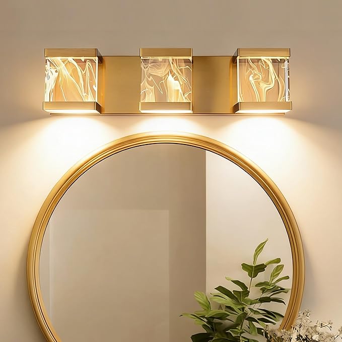 MELUCEE Modern Brass LED Vanity Lights Over Mirror 15W 3 Lights LED Bathroom Light Fixtures with Unique Smoke Acrylic Panel Bathroom Wall Sconce for Bath Powder Room, 3000K Warm Lighting