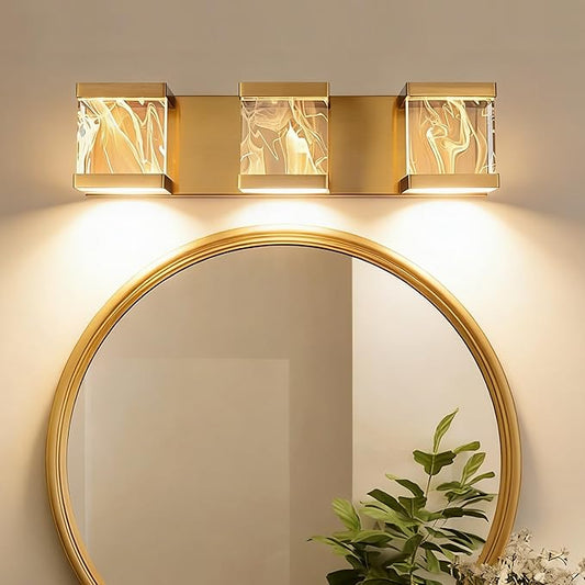 MELUCEE Modern Brass LED Vanity Lights Over Mirror 15W 3 Lights LED Bathroom Light Fixtures with Unique Smoke Acrylic Panel Bathroom Wall Sconce for Bath Powder Room, 3000K Warm Lighting