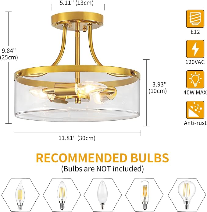 11.81" Brushed Gold Semi Flush Mount Ceiling Light Modern Glass Entryway Light Fixture Hallway Light Fixtures 3-Light Drum Ceiling Lamp for Bedroom Kitchen Island Dining Room Laundry Room Lighting