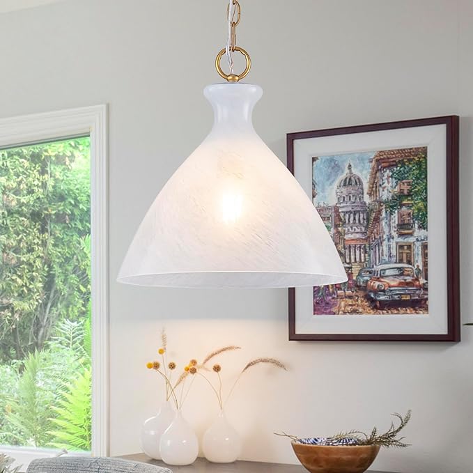 EDSILIVE Vintage Cloudy Glass Pendant Lights Kitchen Island 12" Milk White Hanging Ceiling Light Fixture with Gold Finish for Dining Room Kitchen Table