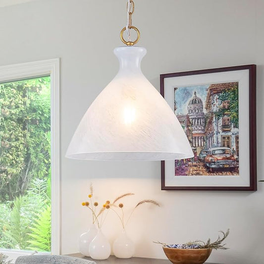 EDSILIVE Vintage Cloudy Glass Pendant Lights Kitchen Island 12" Milk White Hanging Ceiling Light Fixture with Gold Finish for Dining Room Kitchen Table