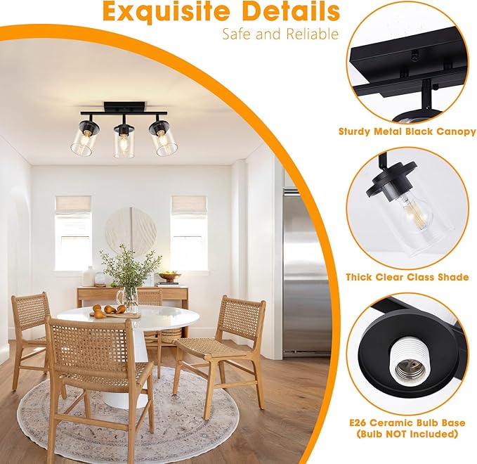 FadimiKoo 3-Lights Semi Flush Mount Ceiling Light, Adjustable Kitchen Light Fixtures Ceiling Mount with Clear Glass Shades, Rotatable Black Track Lighting Fixtures for Hallway, Foyer, Bedroom