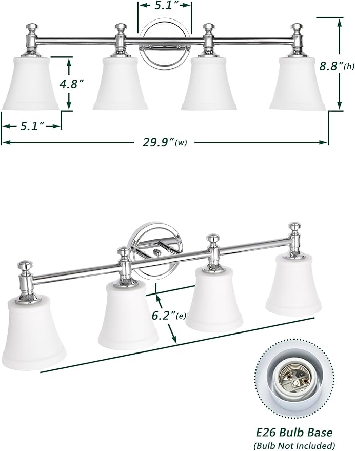 Bathroom Vanity Light Fixtures, Traditional Chrome 4 Lights Wall Sconce Lighting with Opal Glass Shade, Porch Wall Mount Light Fixture for Bathroom, Mirror Cabinets Hallway Stairs