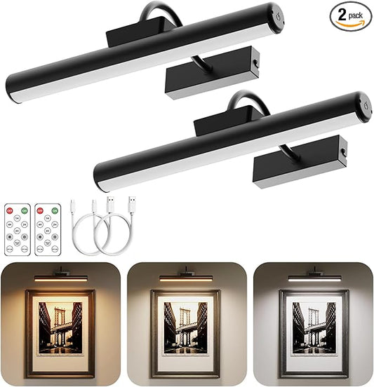 Skairipa Wireless Picture Light with Remote, Battery Operated Wall Sconce 5000mAh, 3 Color Modes and Dimmable LED Wall Lights with Timer for Painting, Frame, Gallery, Dartboard, Bedroom (Black-2Pack)
