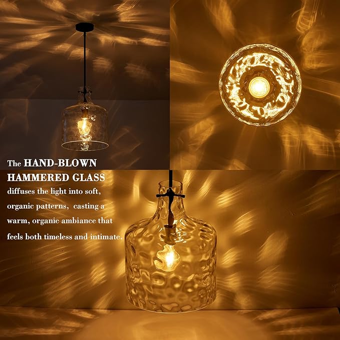 VILUXY Black Glass Pendant Lighting Hand-Blown Hammered Large Modern 1-Light Pendant Lighting Adjustable Single Dome Ceiling Hanging Light for Kitchen Island Dining Room Hallway, UL Listed
