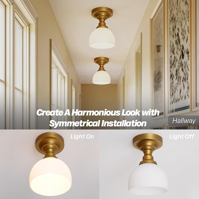 Modern Schoolhouse Semi Flush Mount Ceiling Light,Gold Brass Hand-Blown Glass Close to Ceiling Light Fixtures for Hallway Laundry Entryway Kitchen Bathroom Bedroom E26 Base
