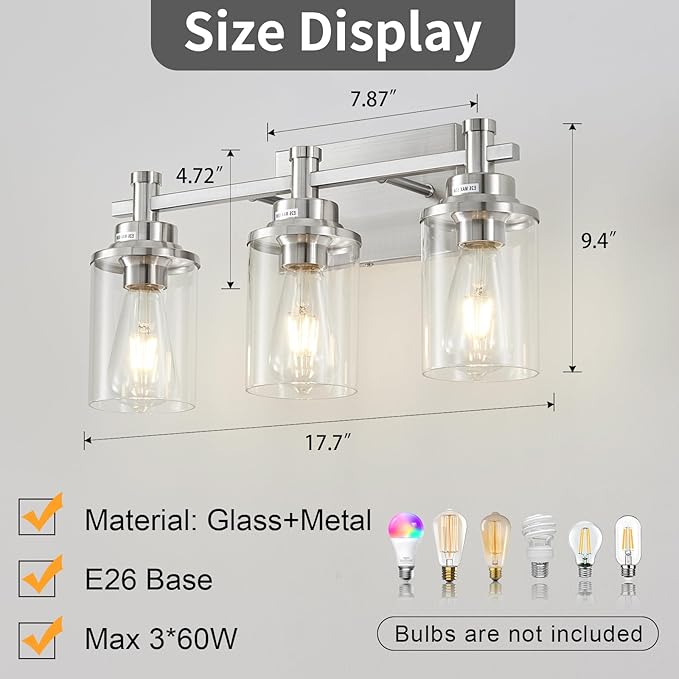 Brushed Nickel 3-Light Vanity Lights with Clear Glass Shade, Modern Bathroom Vanity Light Over Mirror, Kitchen Bedroom Hallway Cabinet Wall Lamp