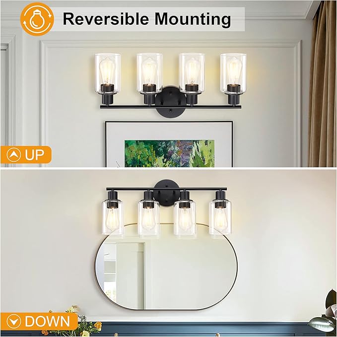 Pia Ricco Bathroom Vanity Light Fixtures, 4-Light Black Vanity Lights with Clear Glass Shades, Modern Wall Sconces Over Mirror, Bath Wall Sconces for Mirror Living Room Bedroom Hallway
