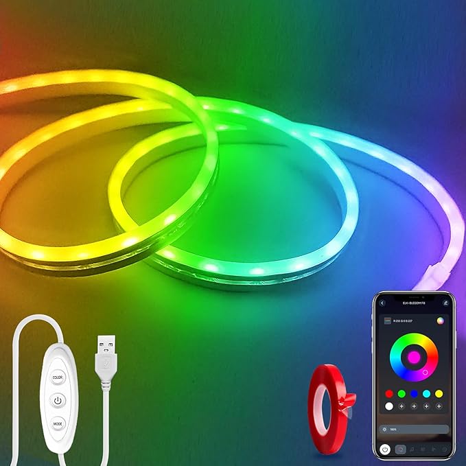 LED Neon Lights，3.3ft USB Powered LED Strip Lights，5V Color Changing Rope Light with APP Control，IP65 Waterproof RGB Rope Lights for Bedroom，Cabinet,Kitchen, DIY (with Adhesive Backing)