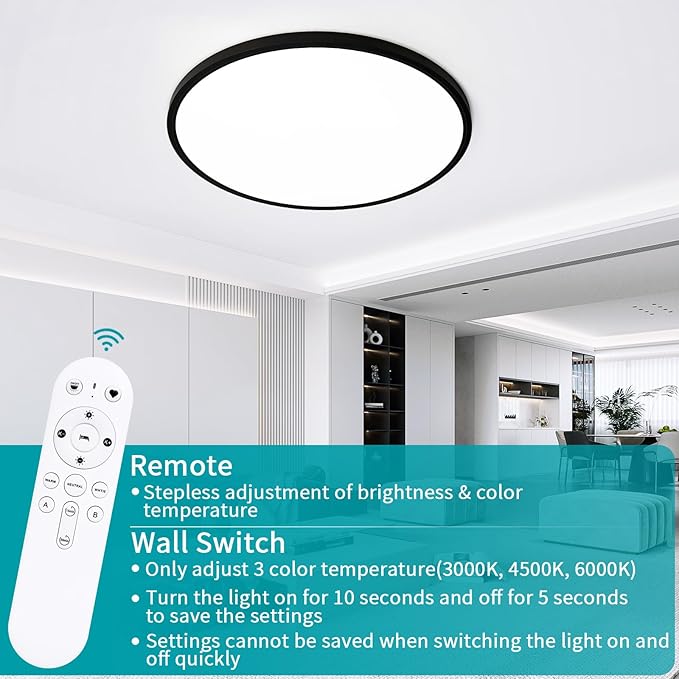 24 Inch Large Flush Mount Ceiling Light Fixture, Dimmable with Remote Control, 56W, 5600 Lumen, Modern, Round, Black, for Kitchen, Dining Room, Bedroom, Living Room, Home Office