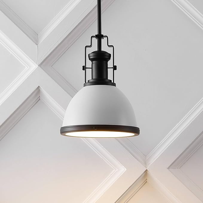 JONATHAN Y 10" Matte Black/White Modern Industrial Iron LED Dome Pendant Light, Adjustable Hanging Fixture for Kitchen Island or Entryway, Black Metal Shade, LED Bulb Included (JYL9535E)