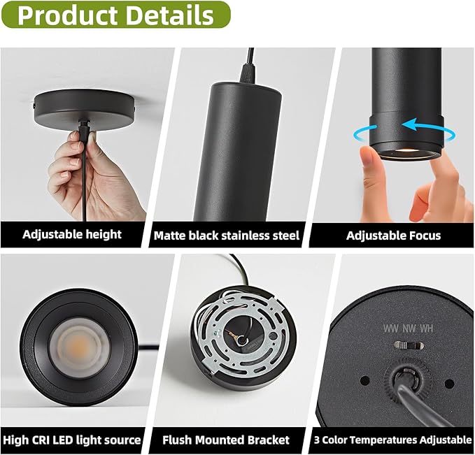 OKELI Black LED Mini Pendant Light, Dimmable Hanging Pendant with Adjustable Beam Angle, 3CCT 2700K–6000K Modern Pendant Light for Kitchen Island, Bar Counter or Bedroom, 7W 14.96", 1 Pack