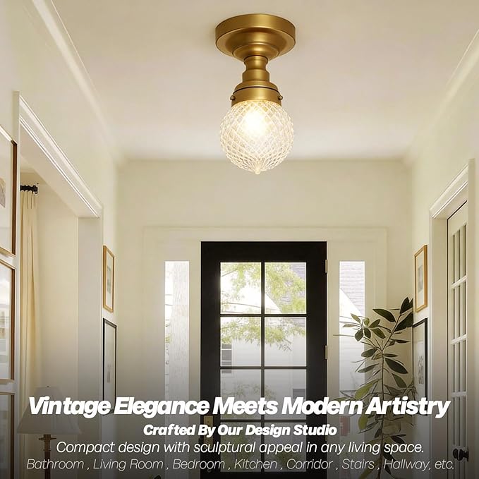 Schoolhouse Semi Flush Mount Ceiling Light, Brass Gold Close to Ceiling Light Fixtures with Hand-Blown Glass Shade Modern Hallway Ceiling Lamp for Laundry Entryway Kitchen Bathroom E26