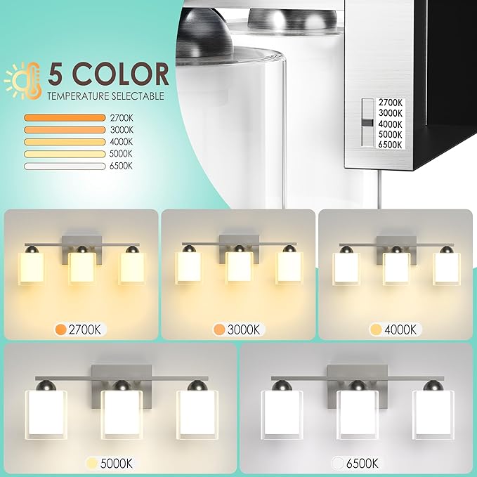 Quntis 3 Light Brushed Nickel Bathroom Light Fixtures, Modern Vanity Lights Over Mirror with 5 Colors & Stepless Dimmable, 16 Inch LED Bathroom Lighting with Milk White Frosted Glass (Bulbs Included)