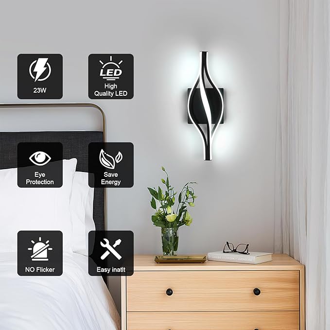 DELIPOP Modern Wall Sconces, Spiral LED Wall Sconce Lighting, 6500K Cool White Wall Light for Bedroom, Bathroom, Living Room, Hallway