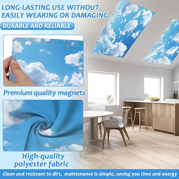 6 Pcs Fluorescent Light Covers with 60 Magnets Decorative for Classroom Ceiling Lights 4 x 2 Feet Magnetic Light Cover Filter Easy Install for Office Hospital Home Ceiling Supplies (Blue Sky Cloud)