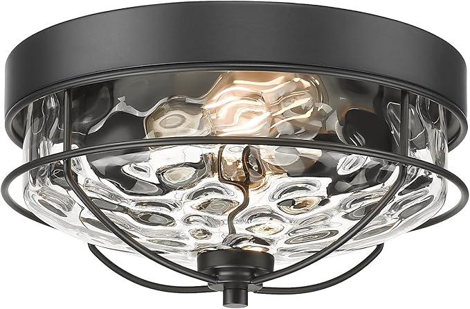 Black Flush Mount Ceiling Light, HWH 12 inch 2-Light Farmhouse Close to Ceiling Light Fixture in Matte Black Finish with Water Ripple Hammered Glass, Kitchen Bedroom Laundry Foyer, 5HTJ7WG-F BK
