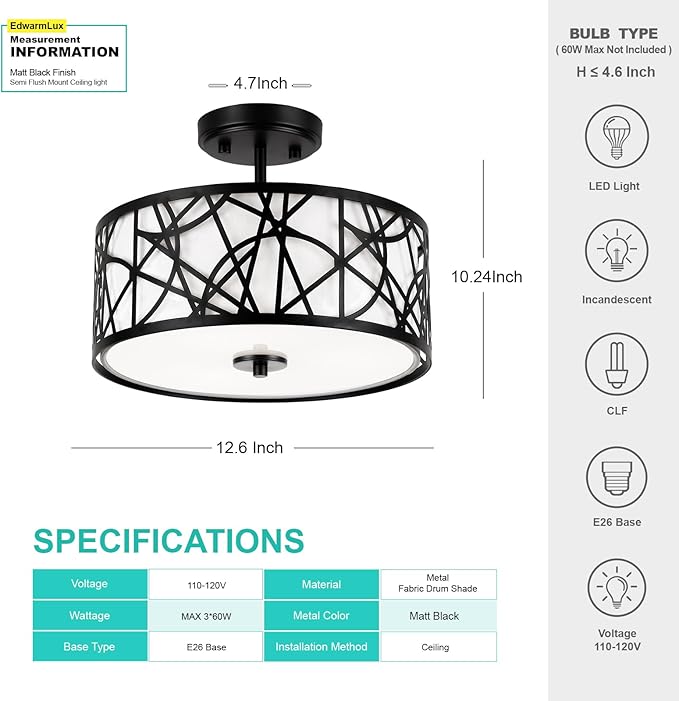 3-Light Semi Flush Mount Ceiling Light, 12.6" Drum Light with White Fabric Shade, Modern Close to Ceiling Lamp for Living Room Bedroom Dining Kitchen Hallway Entry Foyer (Matt Black)