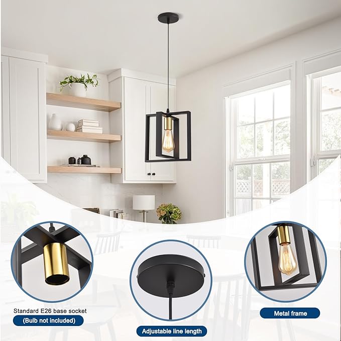 Black Pendant Lights for Kitchen Island Industrial Lantern Pendant Light Fixtures with Golden Lamp Cup, Farmhouse Adjustable Height Hanging Pendant Lighting
