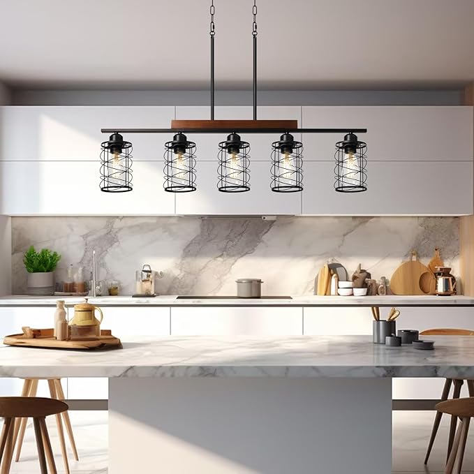 Kitchen Island Lighting, 5-Light Dining Room Light Fixture Over Table, Black Metal & Wood Linear Chandeliers with Cage Shade, Farmhouse Rustic Hanging Ceiling Pendant Light Fixtures for Kitchen