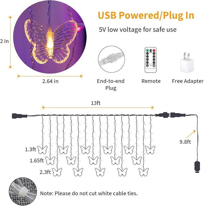 YOLIGHT Butterfly Curtain Lights 13ft 96 LED Fairy Light 8 Modes String Lights with Remote, Butterfly Hanging Decoration for Bedroom Garden Wall Ceiling Party Wedding Holiday Christmas (Multicolor)