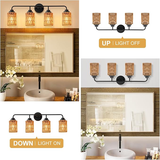 Bathroom Vanity Light, 4-Lights Boho Bathroom Light Fixtures Over Mirror with Rustic Handwoven Shades 30 inch Farmhouse Wall Sconce Lighting