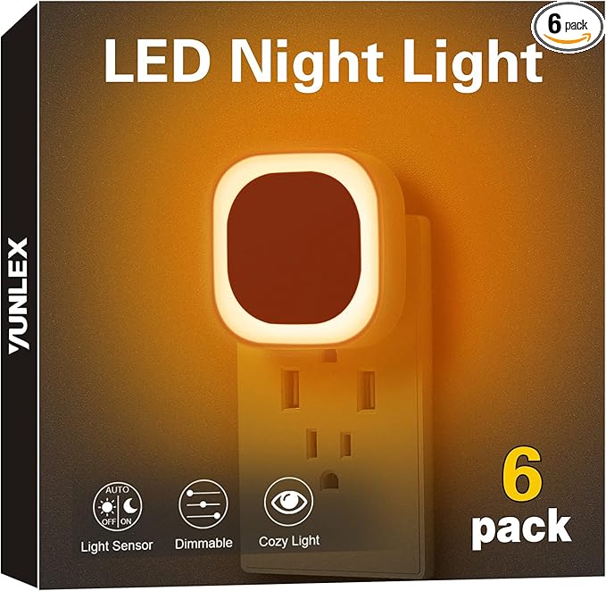 YUNLEX 4 Pack Amber Night Light, Dusk to Dawn Sensor, Warm Glare-Free Reflected Glow, 3-Level Dimmer, Auto On/Off, Plug-in LED Nightlight for Bedroom, Kids, Bathroom, Sleep, Baby Nursery, Toddler