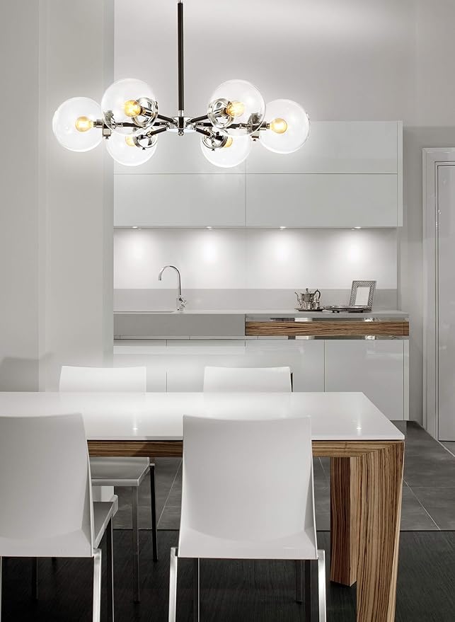 JONATHAN Y 28" Chrome/Black Modern 6-Light Cluster Pendant Chandelier, Clear Glass Shade Hanging Fixture for Kitchen Island Dining Room, LED Bulbs Included, Dimmable (JYL9059A)